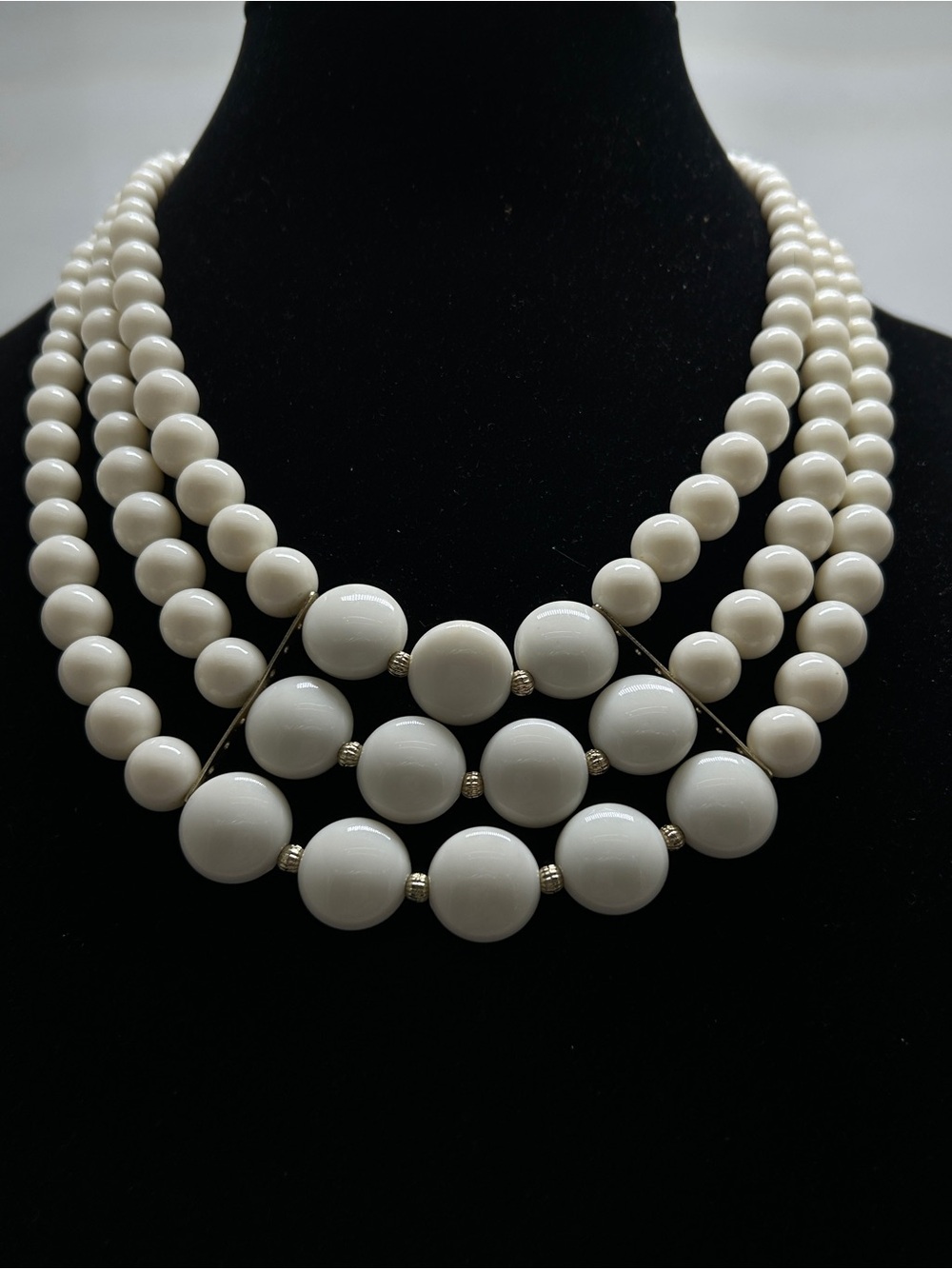 Charming Charlie, Triple Strand Gold And White Beaded Necklace, Fixed Strands